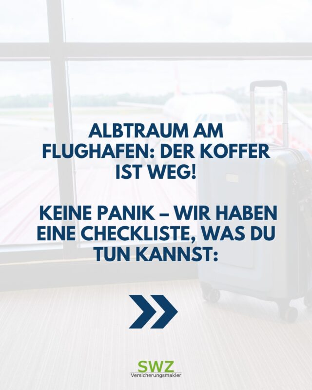 🧳✈️ Albtraum am Flughafen: Der Koffer ist weg.
Mit dieser Checkliste behältst du den Überblick:

✅ Sofort bei Lost & Found oder der Airline melden
✅ Property Irregularity Report (PIR) ausfüllen – gut aufbewahren
✅ Belege für Ersatzkäufe aufheben
✅ Reiseversicherung oder Kreditkartenversicherung informieren
✅ Bei verspätetem Gepäck gibt’s oft Erstattungen
✅ Ruhig bleiben – oft taucht das Gepäck wieder auf

🛡️ Die richtige Reiseversicherung macht hier den Unterschied.
➡️ Lass dich von uns beraten – für sorgenfreie Urlaubsreisen!

#kofferweg #reiseversicherung #urlaubssicherheit #swzversicherungsmakler #reisetipps